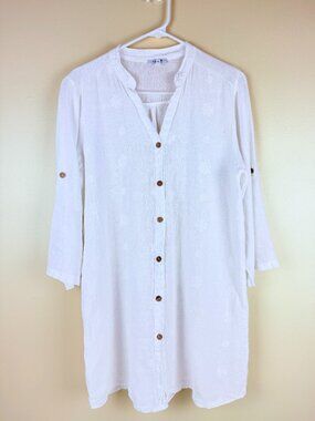Rosemarie Made in Italy 100% Linen Embroidered Button Front Tunic Dress Size M